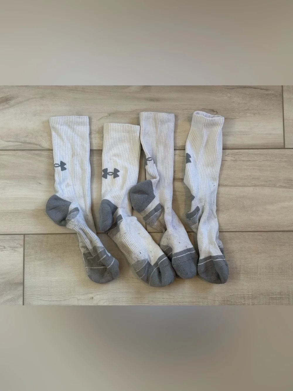 Used rank Under Armour White Crew Athletic Socks with Gray Accents